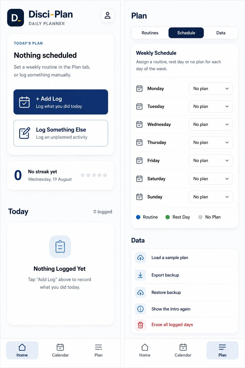 Disci-Plan planning screens